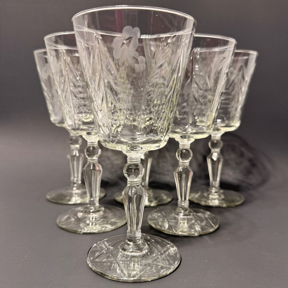 Vintage Libbey Rock Sharpe Crystal Wine Glass Water Goblet Set 6 Etched Floral